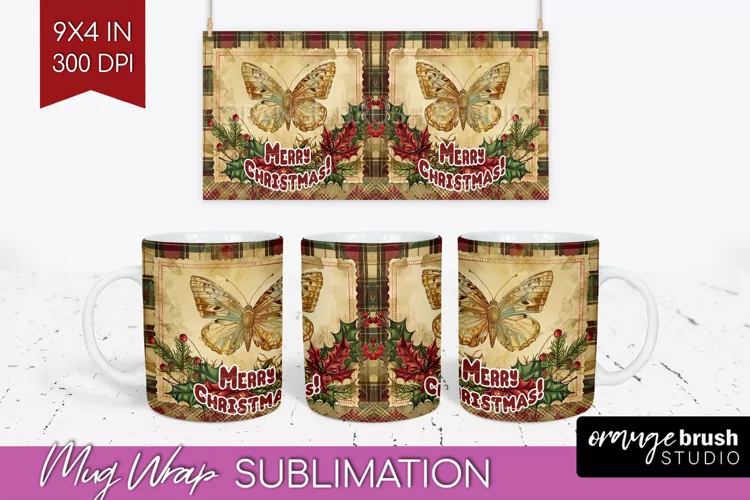 Vintage Christmas Mug Wrap - Retro Xmas 15Oz Mug Sublimation
