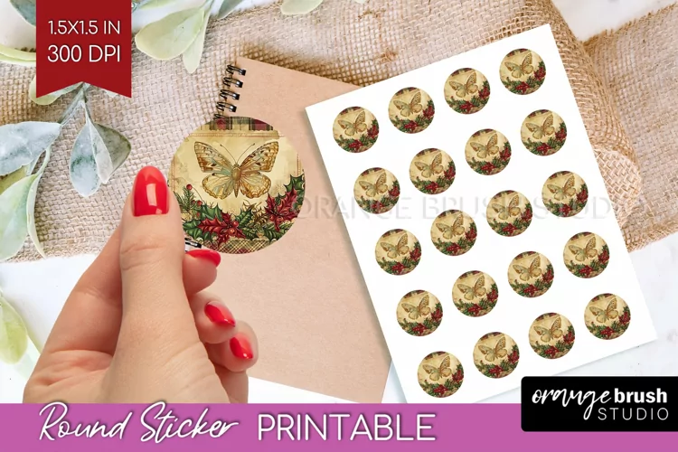 Vintage Christmas Round Sticker - Retro Printable Stickers
