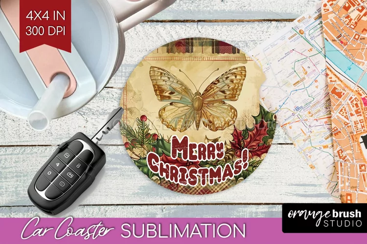 Vintage Christmas Car Coaster PNG - Xmas Coaster Sublimatoin