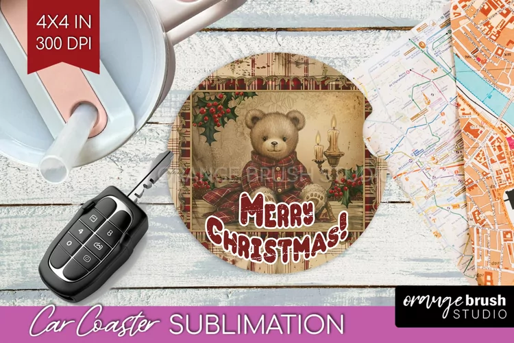 Vintage Christmas Car Coaster PNG - Xmas Coaster Sublimatoin