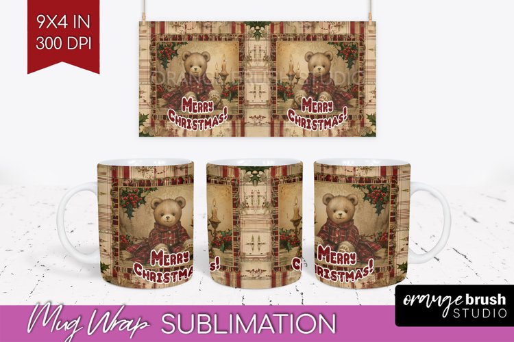 Vintage Christmas Mug Wrap - Retro Xmas 15Oz Mug Sublimation example image 1