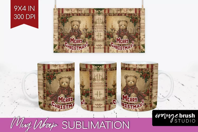 Vintage Christmas Mug Wrap - Retro Xmas 15Oz Mug Sublimation