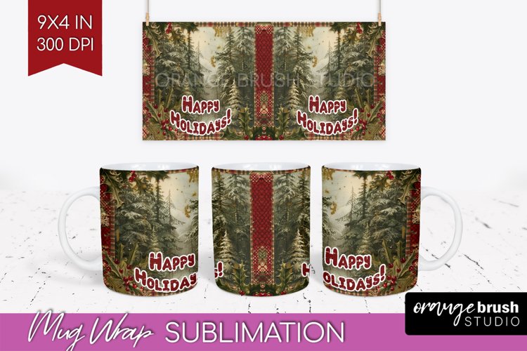 Vintage Christmas Mug Wrap - Retro Xmas 15Oz Mug Sublimation example image 1