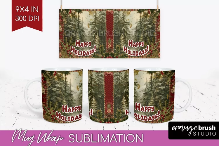 Vintage Christmas Mug Wrap - Retro Xmas 15Oz Mug Sublimation