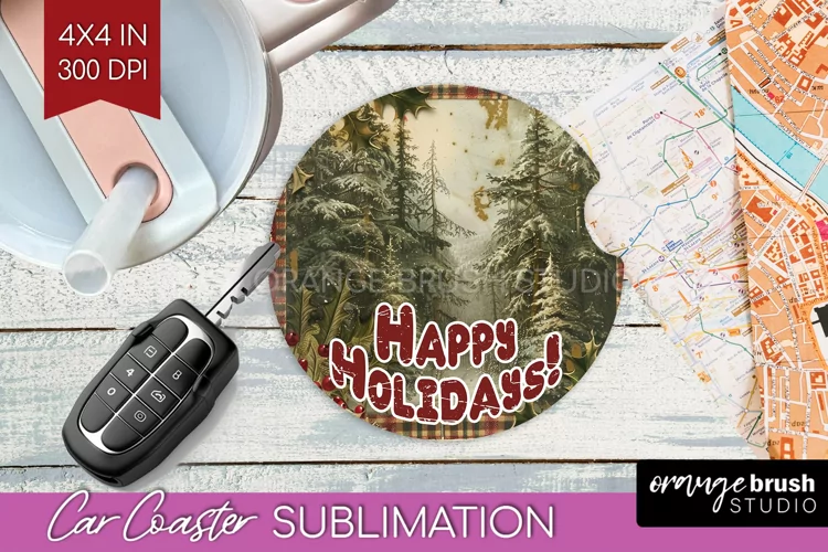 Vintage Christmas Car Coaster PNG - Xmas Coaster Sublimatoin