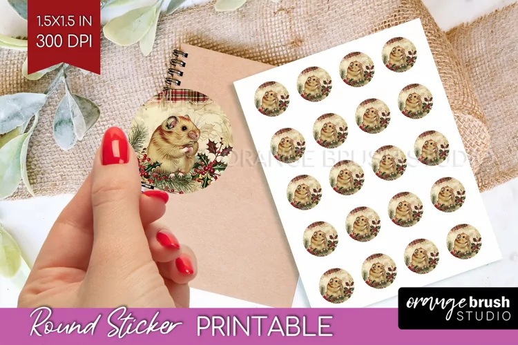 Vintage Christmas Round Sticker - Retro Printable Stickers