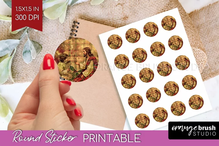 Vintage Christmas Round Sticker - Retro Printable Stickers