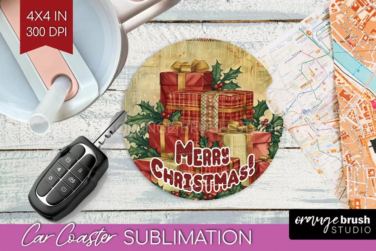 Vintage Christmas Car Coaster PNG - Xmas Coaster Sublimatoin