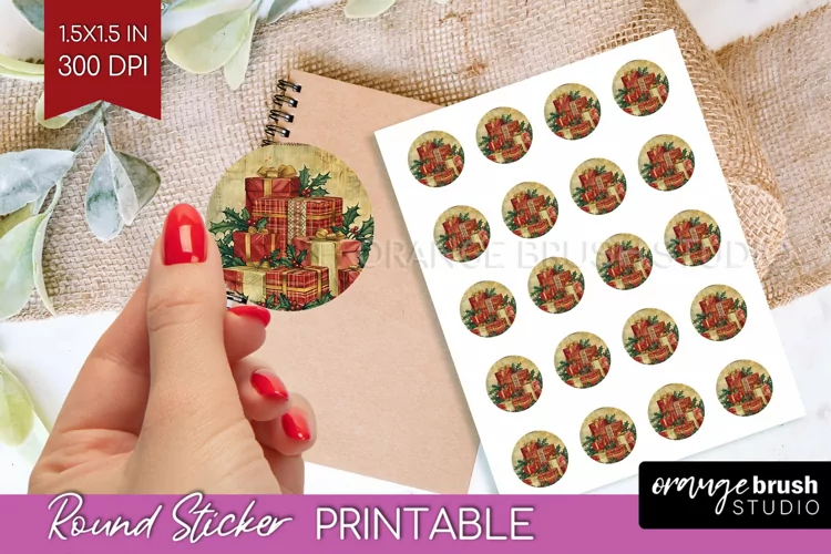 Vintage Christmas Round Sticker - Retro Printable Stickers