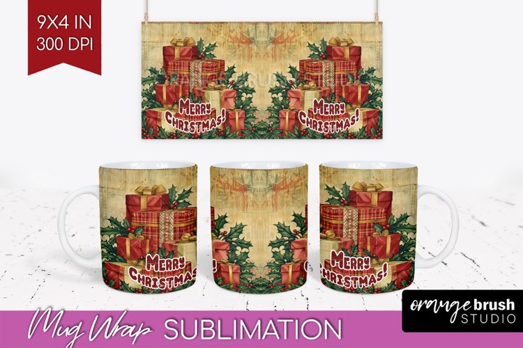 Vintage Christmas Mug Wrap - Retro Xmas 15Oz Mug Sublimation