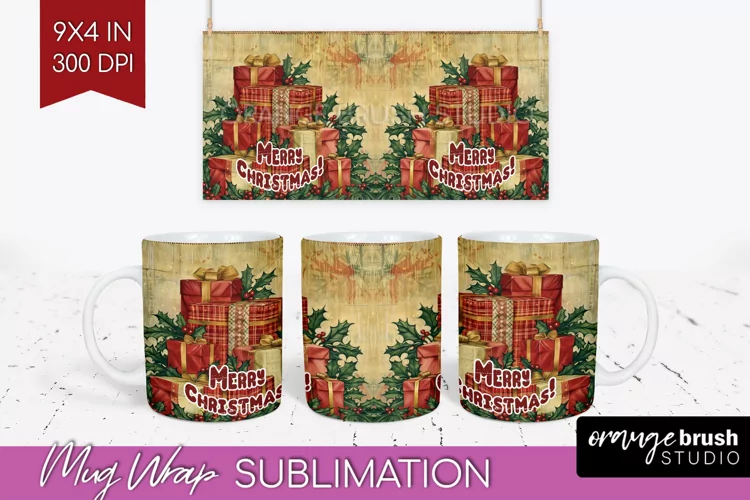 Vintage Christmas Mug Wrap - Retro Xmas 15Oz Mug Sublimation