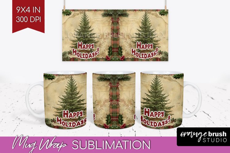 Vintage Christmas Mug Wrap - Retro Xmas 15Oz Mug Sublimation example image 1