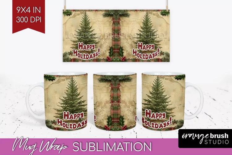 Vintage Christmas Mug Wrap - Retro Xmas 15Oz Mug Sublimation