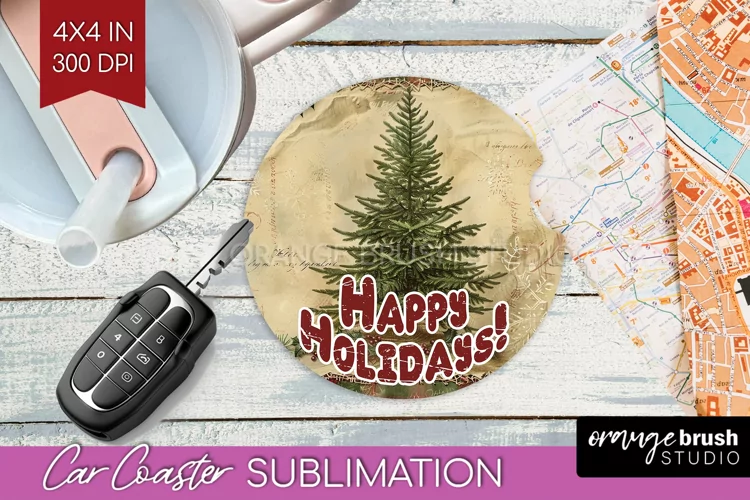 Vintage Christmas Car Coaster PNG - Xmas Coaster Sublimatoin