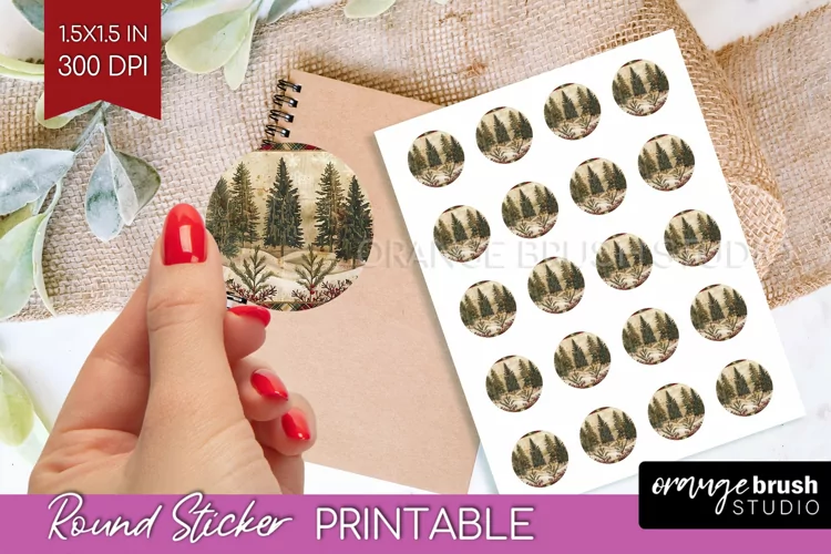 Vintage Christmas Round Sticker - Retro Printable Stickers