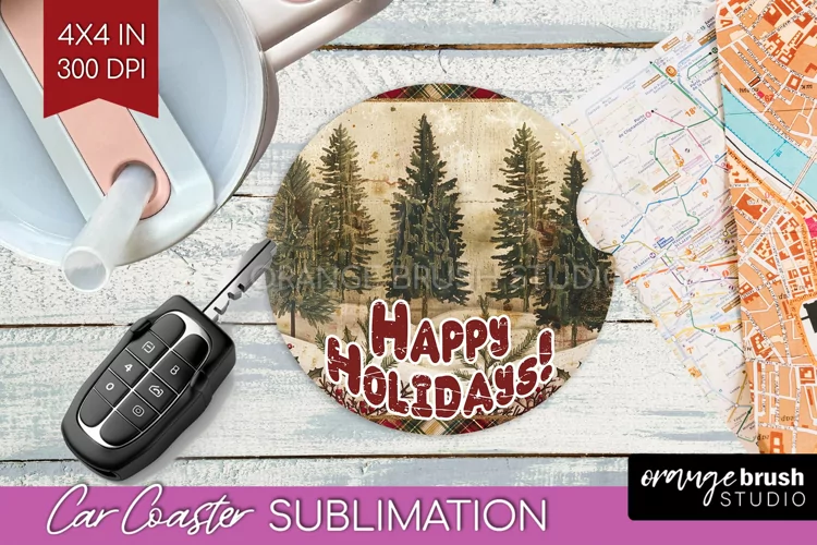 Vintage Christmas Car Coaster PNG - Xmas Coaster Sublimatoin