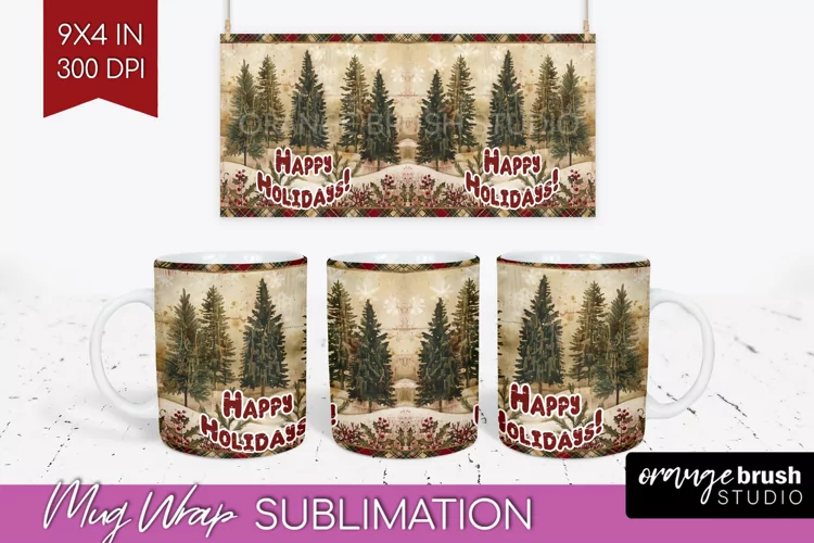 Vintage Christmas Mug Wrap - Retro Xmas 15Oz Mug Sublimation