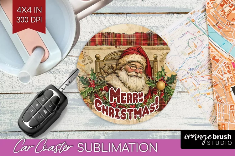 Vintage Christmas Car Coaster PNG - Xmas Coaster Sublimatoin