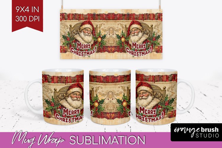 Vintage Christmas Mug Wrap - Retro Xmas 15Oz Mug Sublimation