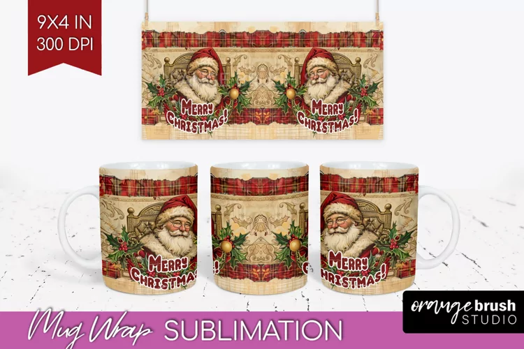 Vintage Christmas Mug Wrap - Retro Xmas 15Oz Mug Sublimation