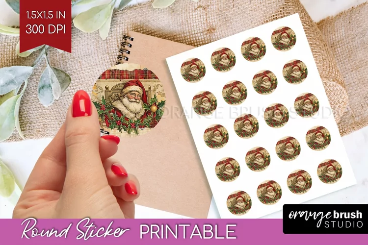 Vintage Christmas Round Sticker - Retro Printable Stickers