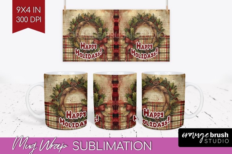 Vintage Christmas Mug Wrap - Retro Xmas 15Oz Mug Sublimation example image 1