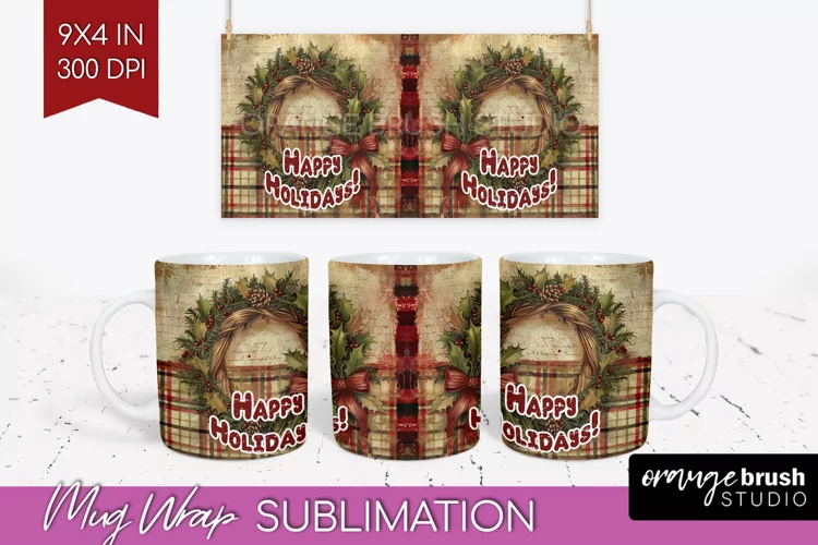 Vintage Christmas Mug Wrap - Retro Xmas 15Oz Mug Sublimation