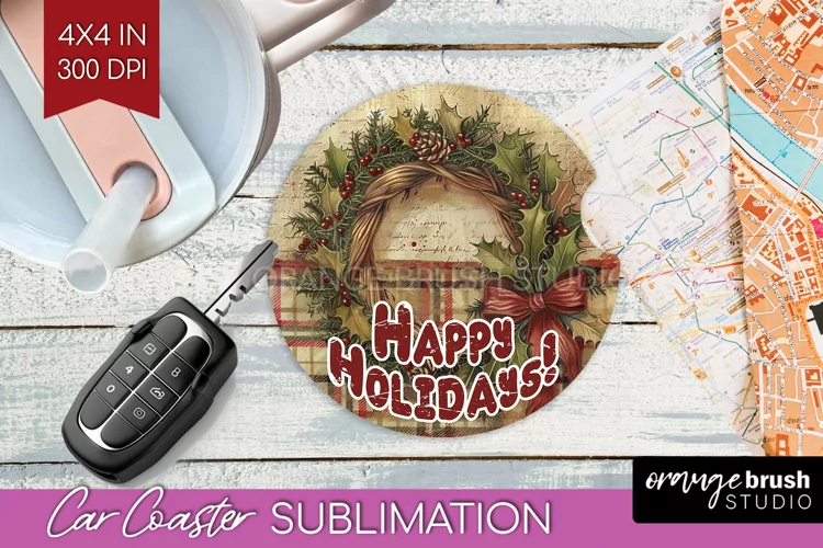 Vintage Christmas Car Coaster PNG - Xmas Coaster Sublimatoin