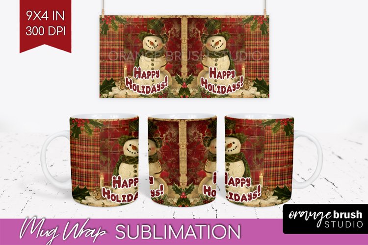 Vintage Christmas Mug Wrap - Retro Xmas 15Oz Mug Sublimation example image 1