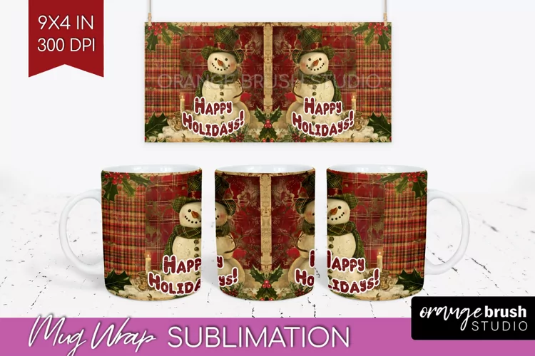 Vintage Christmas Mug Wrap - Retro Xmas 15Oz Mug Sublimation