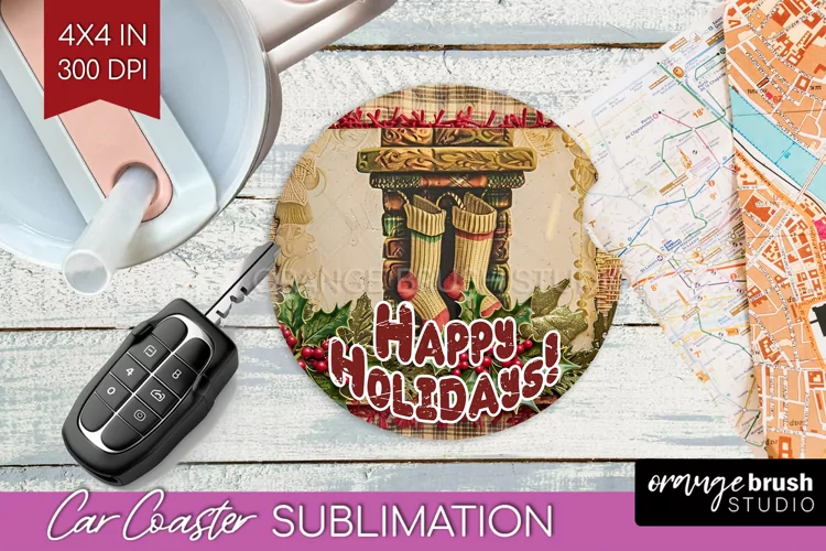 Vintage Christmas Car Coaster PNG - Xmas Coaster Sublimatoin