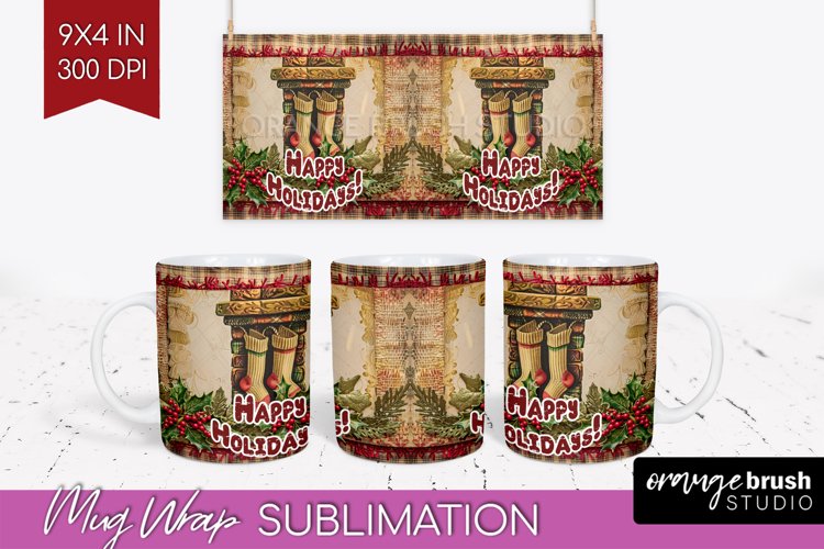 Vintage Christmas Mug Wrap - Retro Xmas 15Oz Mug Sublimation example image 1