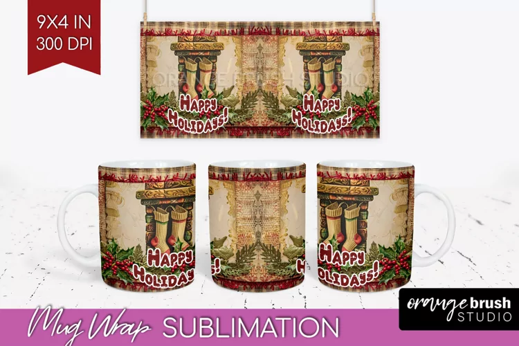 Vintage Christmas Mug Wrap - Retro Xmas 15Oz Mug Sublimation