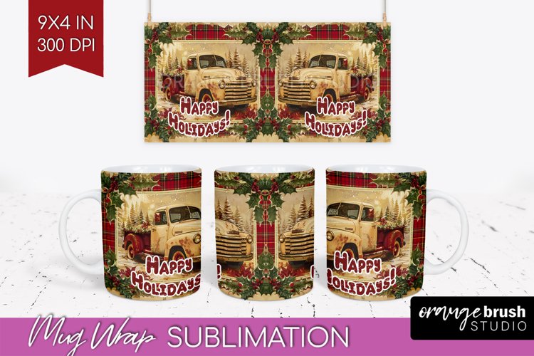 Vintage Christmas Mug Wrap - Retro Xmas 15Oz Mug Sublimation example image 1