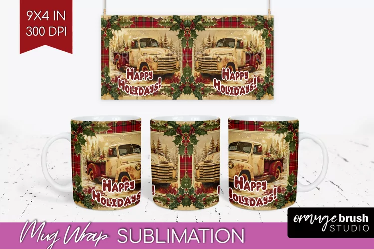 Vintage Christmas Mug Wrap - Retro Xmas 15Oz Mug Sublimation