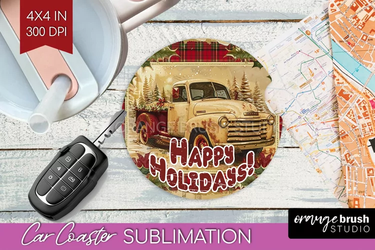 Vintage Christmas Car Coaster PNG - Xmas Coaster Sublimatoin