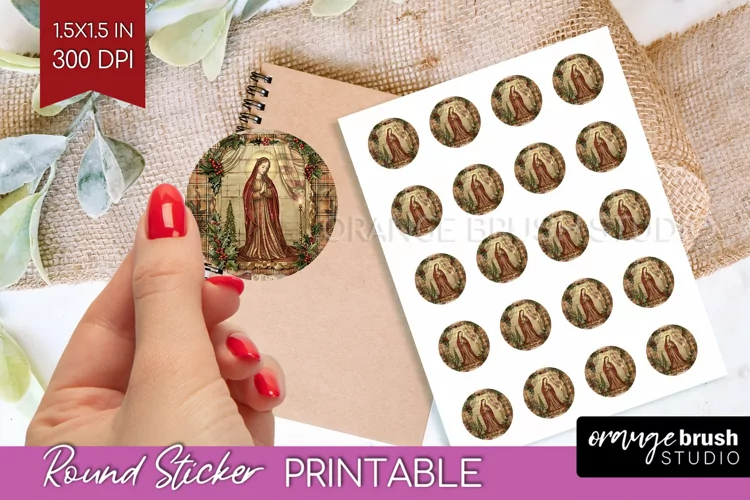 Vintage Christmas Round Sticker - Retro Printable Stickers