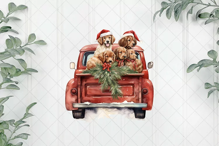 Vintage Red Truck With Many Puppies