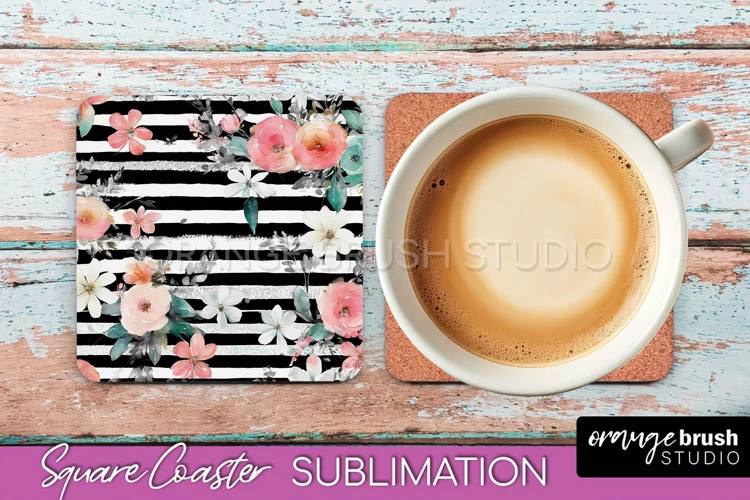 Watercolor Flowers Square Coaster - Floral Pink Sublimation