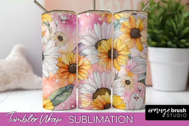 Floral Tumbler Wrap - Pink Flowers Watercolor Tumbler PNG