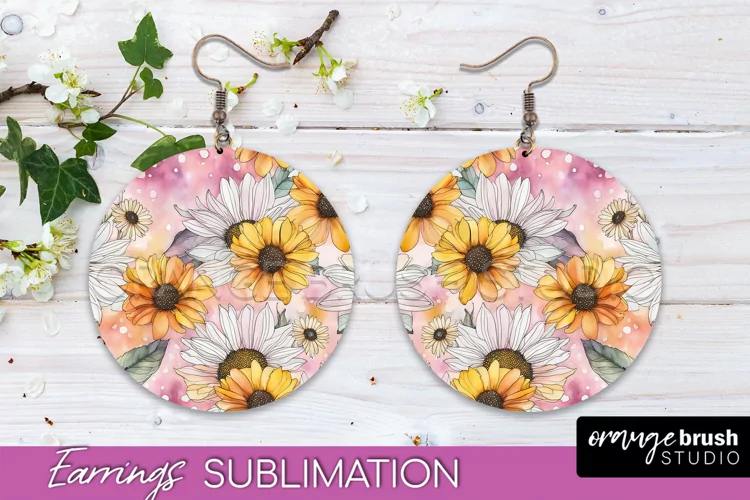 Watercolor Flowers Earrings, Pink Floral Earring Sublimation