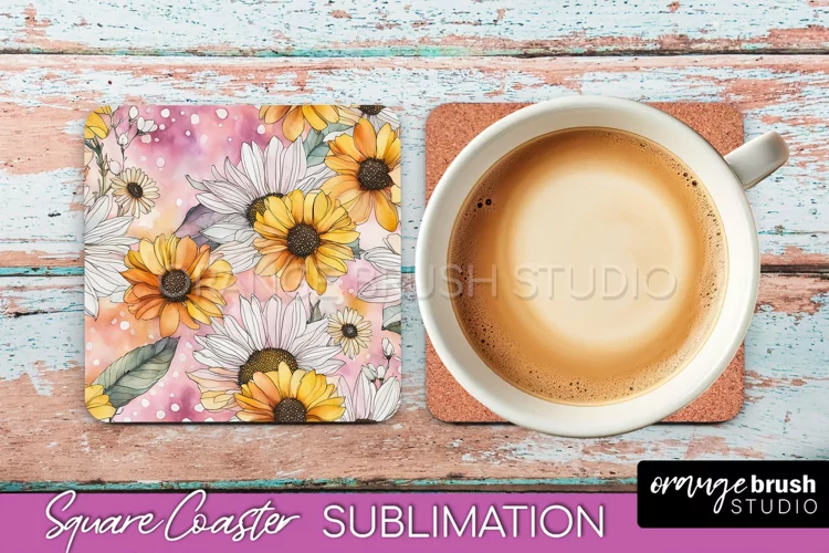Watercolor Flowers Square Coaster - Floral Pink Sublimation