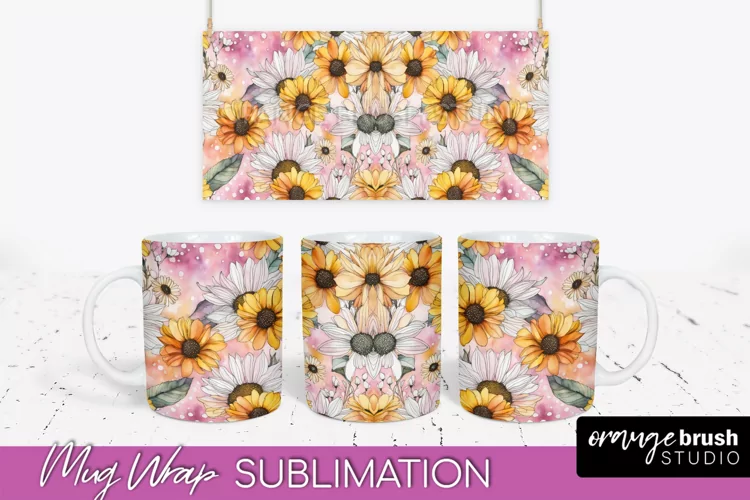 Pink Watercolor Flowers Mug Wrap - Floral Mug Sublimation
