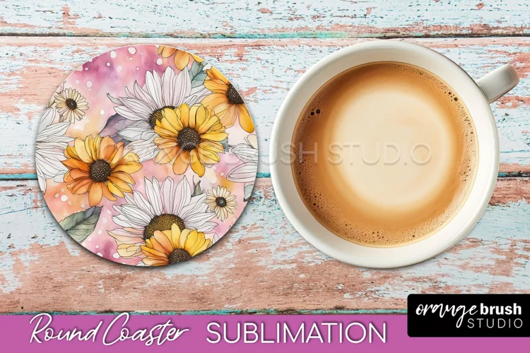 Watercolor Flowers Round Coaster - Floral Pink Sublimation
