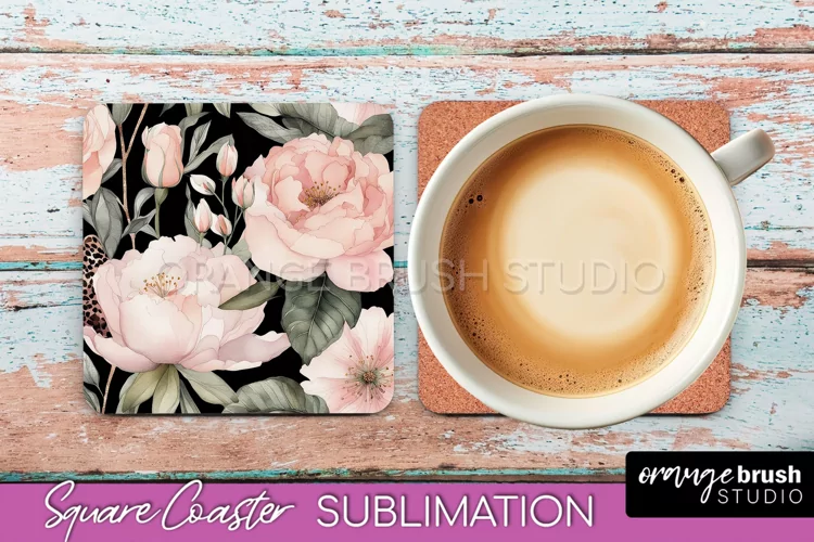 Watercolor Flowers Square Coaster - Floral Pink Sublimation