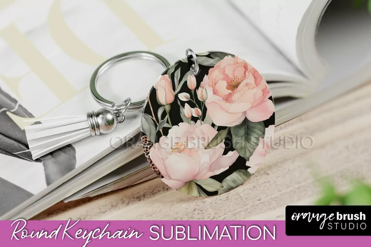 Pink Flowers Keychain, Floral Keychain Sublimation Design