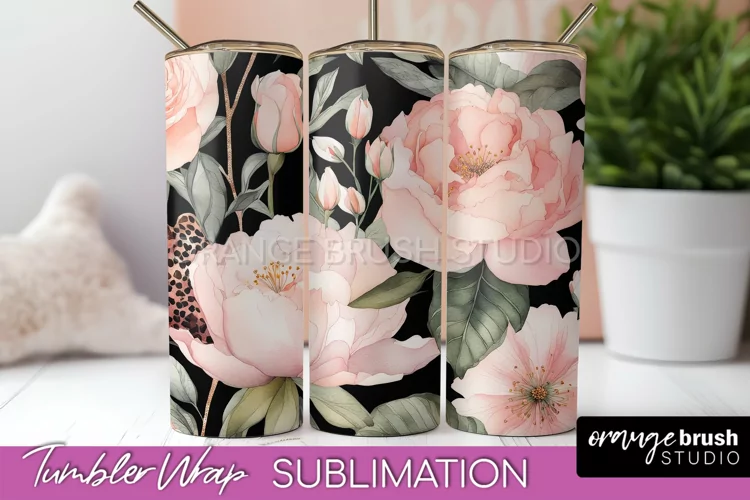Floral Tumbler Wrap - Pink Flowers Watercolor Tumbler PNG