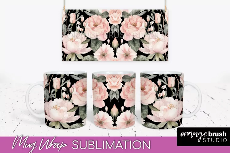 Pink Watercolor Flowers Mug Wrap - Floral Mug Sublimation