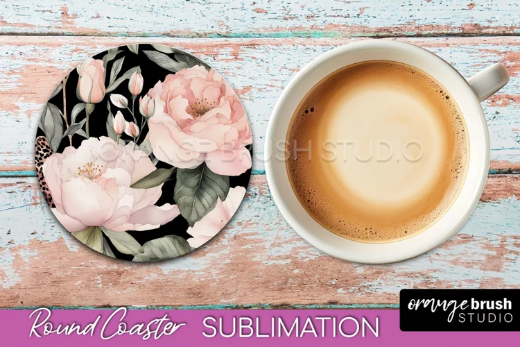 Watercolor Flowers Round Coaster - Floral Pink Sublimation
