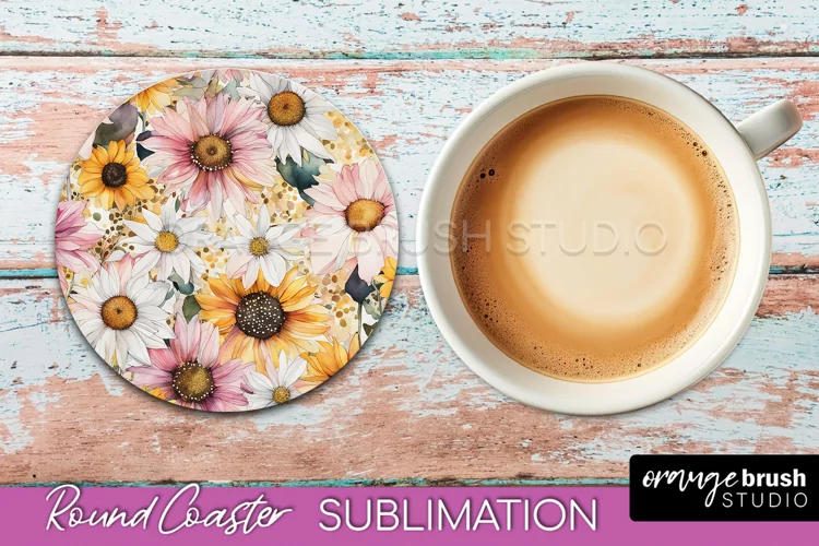 Watercolor Flowers Round Coaster - Floral Pink Sublimation